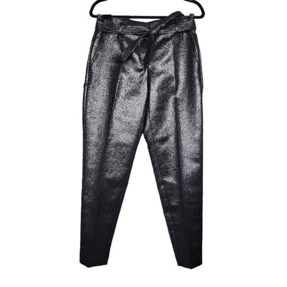 Loft Womens Black Silver Metallic Belted Tie Waist Ankle Pants Size 2 NWOT